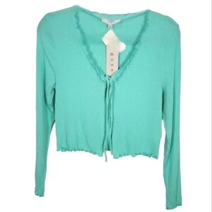 NWT Gaze Ribbed Cropped Cardigan Tie Front Stretch Green Top Medium NEW